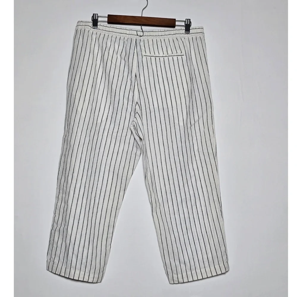 H&M Women's Pants Size M White Black Striped Linen Cotton Drawstring
